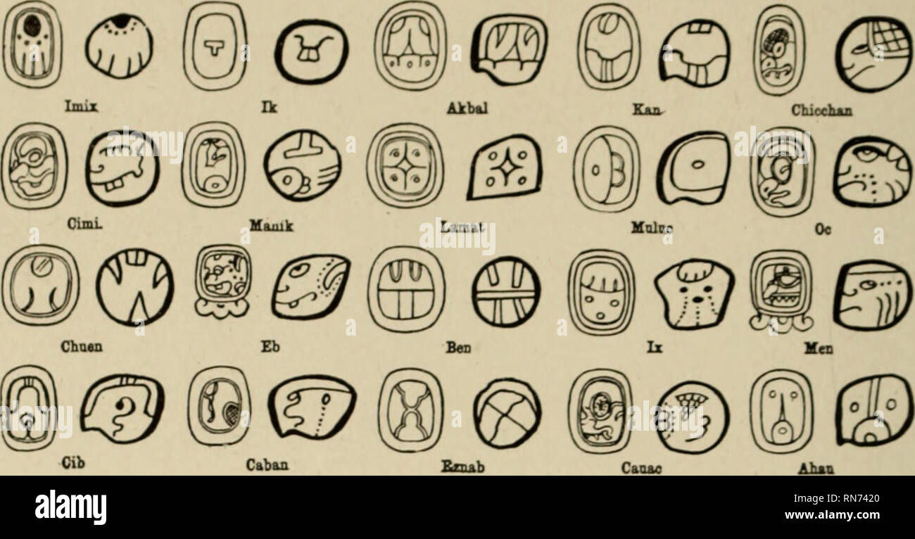 . Ancient civilizations of Mexico and Central America. Indians of Mexico; Indians of Central America. 98 MEXICO AND CENTRAL AMERICA hook of the days, has never been satisfactorily explained. It is a permutation system with two. Fig. 37. The Twenty Day Signs of the Mayan Month. The first example in each case is taken from the inscriptions and the second from the codices. factors, 13 and 20. The former is a series of numbers (1-13) and the latter a series of twenty names as follows:— 1. Imix 6. Cimi 11. Chuen 16. Cib 2. Ik 7. Manik 12. Eb 17. Caban 3. Akbal 8. Lamat 13. Ben 18. Eznab 4. Kan 9. M Stock Photo