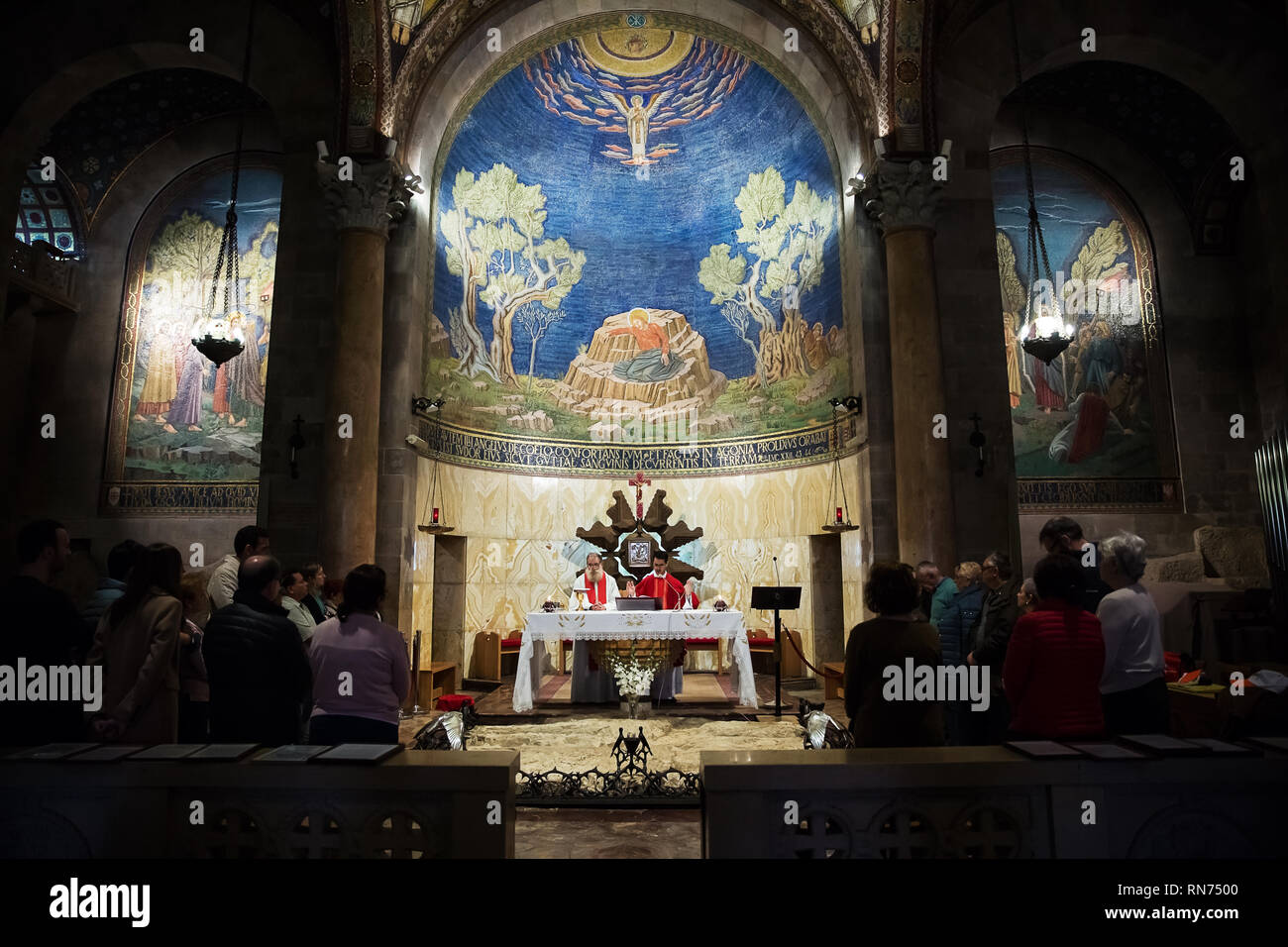 Jerusalem , Israel - January 25 . 2019 : Catholic service in the church of all nations in jerusalem . Church of All Nations also known as the Basilica Stock Photo