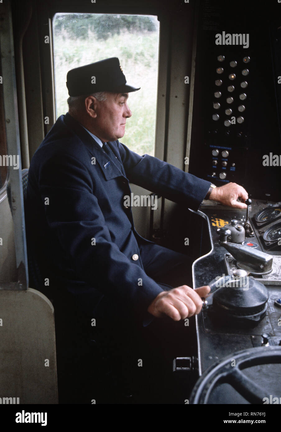 British Rail engine driver of a Diesel multiple Unit on the Norwich to