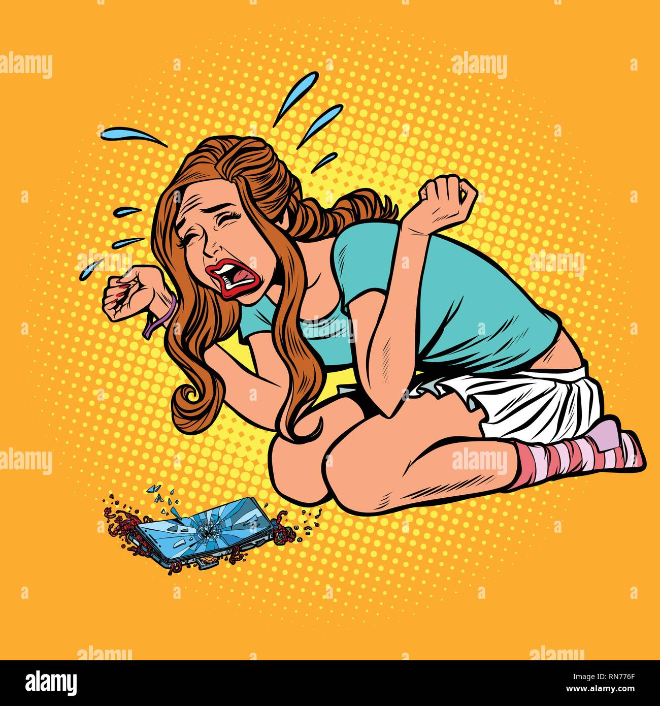 broken phone woman crying hysterical, panic stress. Comic cartoon pop art retro vector illustration drawing Stock Vector