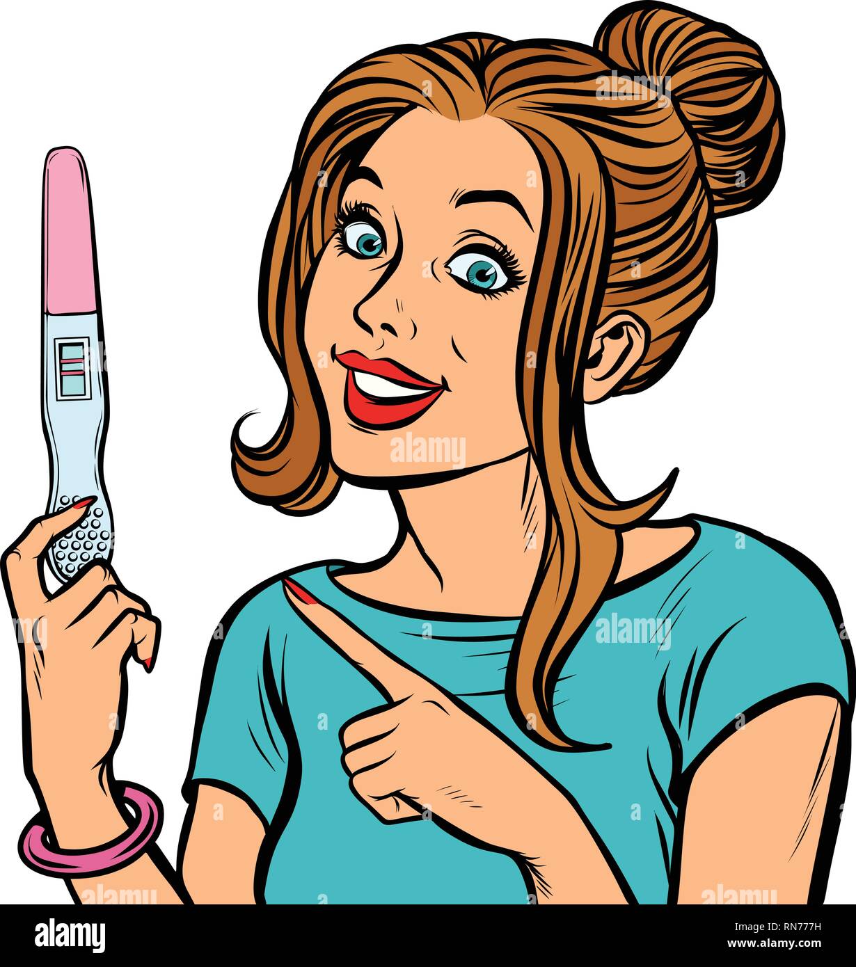 joy happiness woman two strips pregnancy test isolate on white background. Comic cartoon pop art retro vector illustration drawing Stock Vector