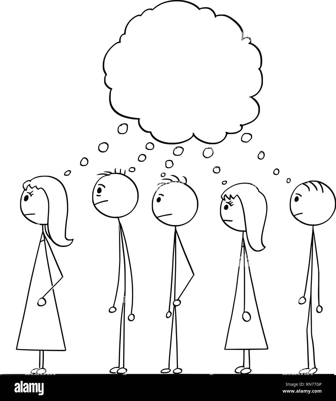 Cartoon of Group of People Waiting in Line or Queue With Empty Speech Bubble Above Stock Vector