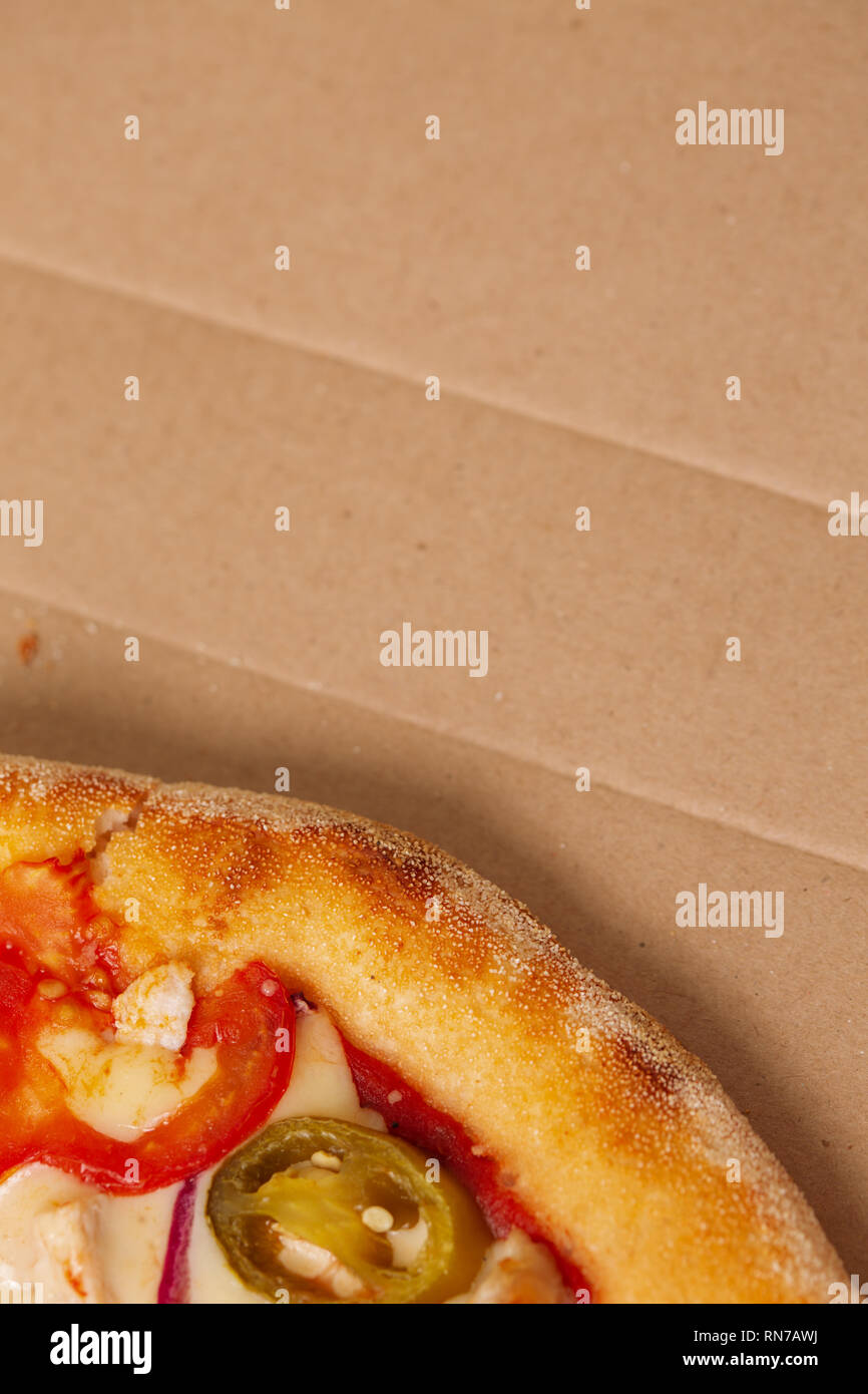 Pizza in a cardboard box. top view Stock Photo