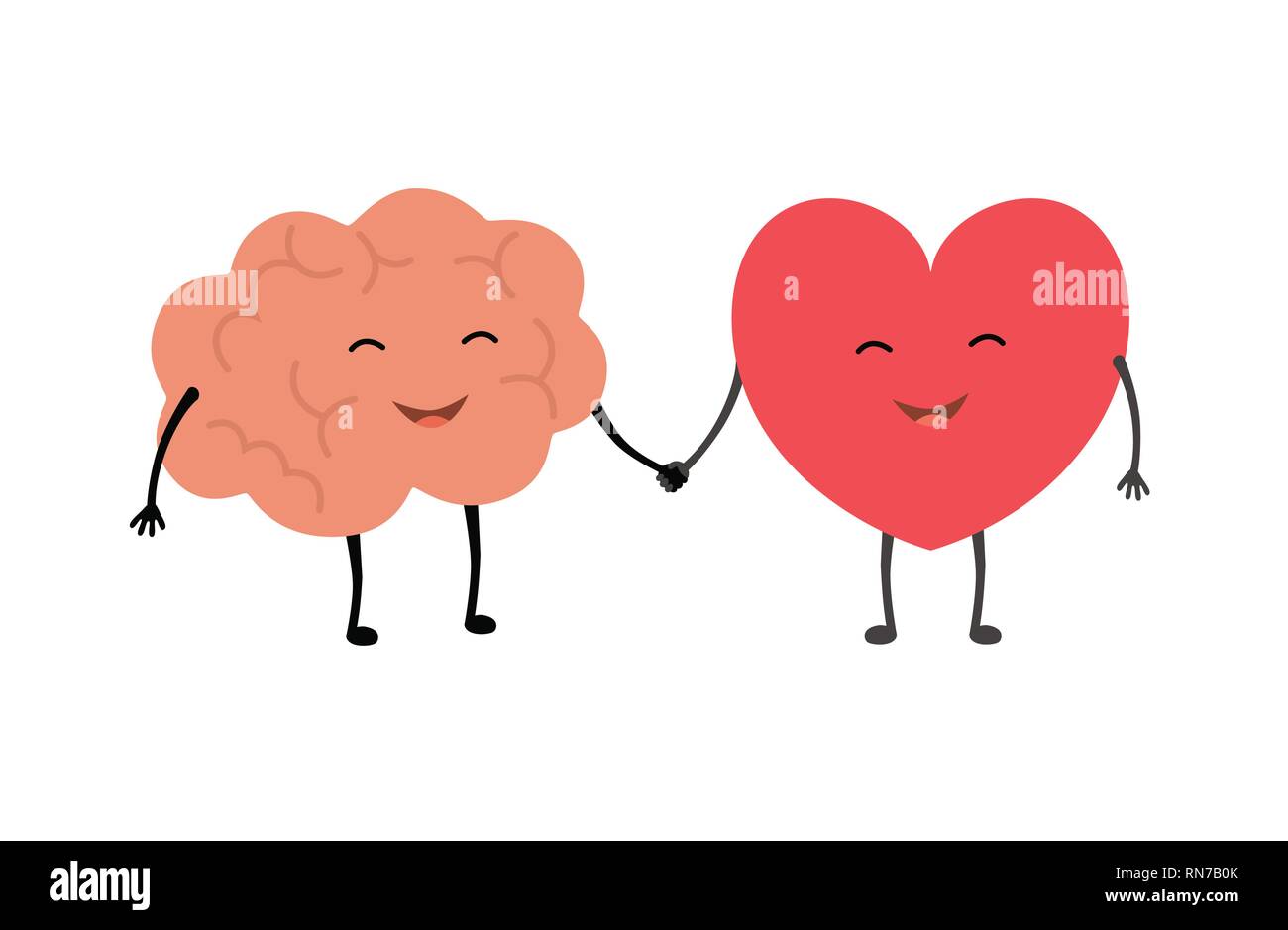 Brain and heart handshake. Vector concept illustration of teamwork between mind and feelings Stock Vector