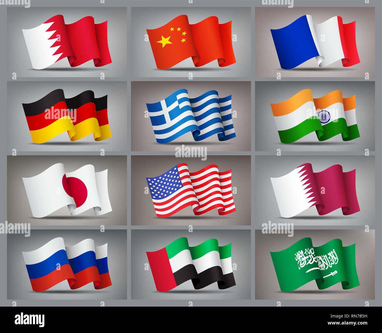 Set of waving flags icons isolated, official symbols of countrys, vector illustration. Stock Vector