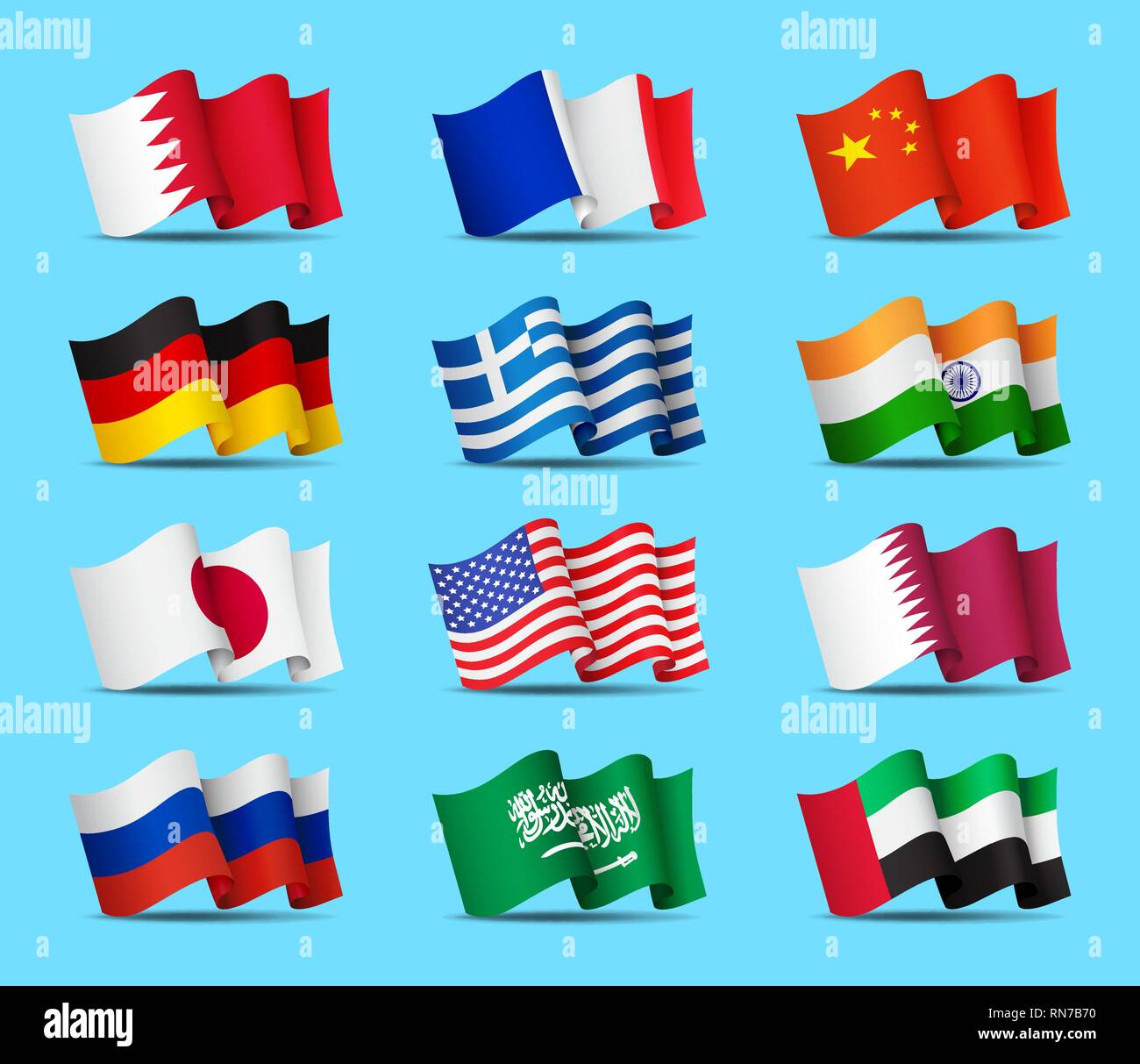 Set of waving flags icons isolated, official symbols of countrys, vector illustration. Stock Vector