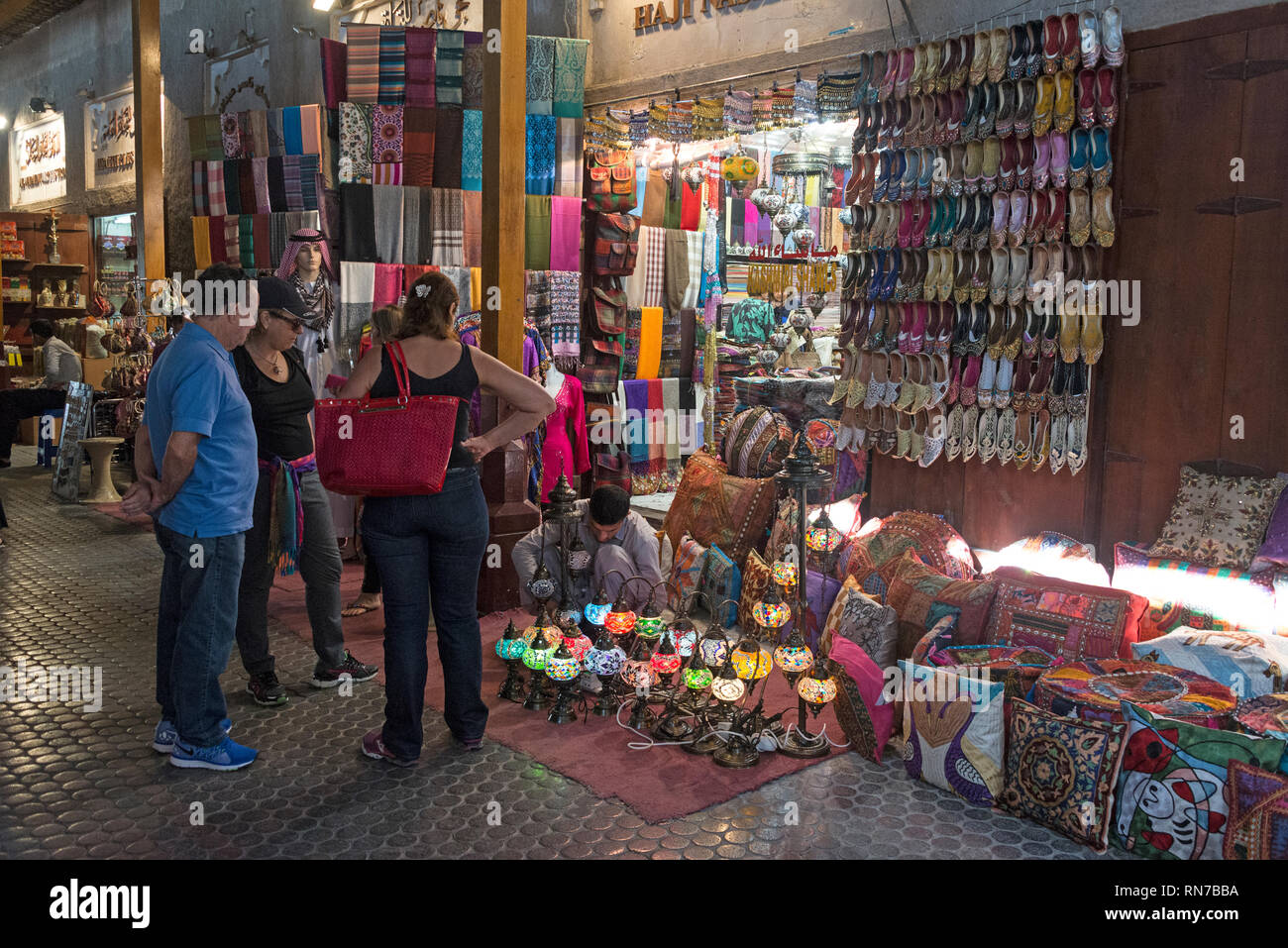 An almost deserted Old Spice Souk in Deira, Dubai in the United Arab Emirates, (UAE) on a Friday morning as Muslim traders and shoppers were at prayer Stock Photo