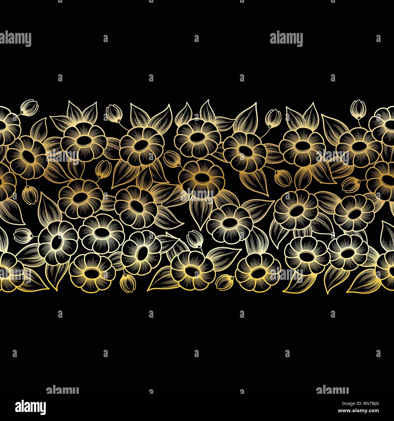 Seamless golden floral pattern isolated on black background Stock ...