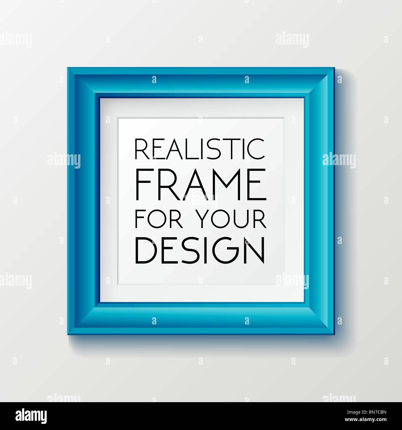 Realistic square blue frame template, frame on the wall mockup with decorative borders Stock Vector