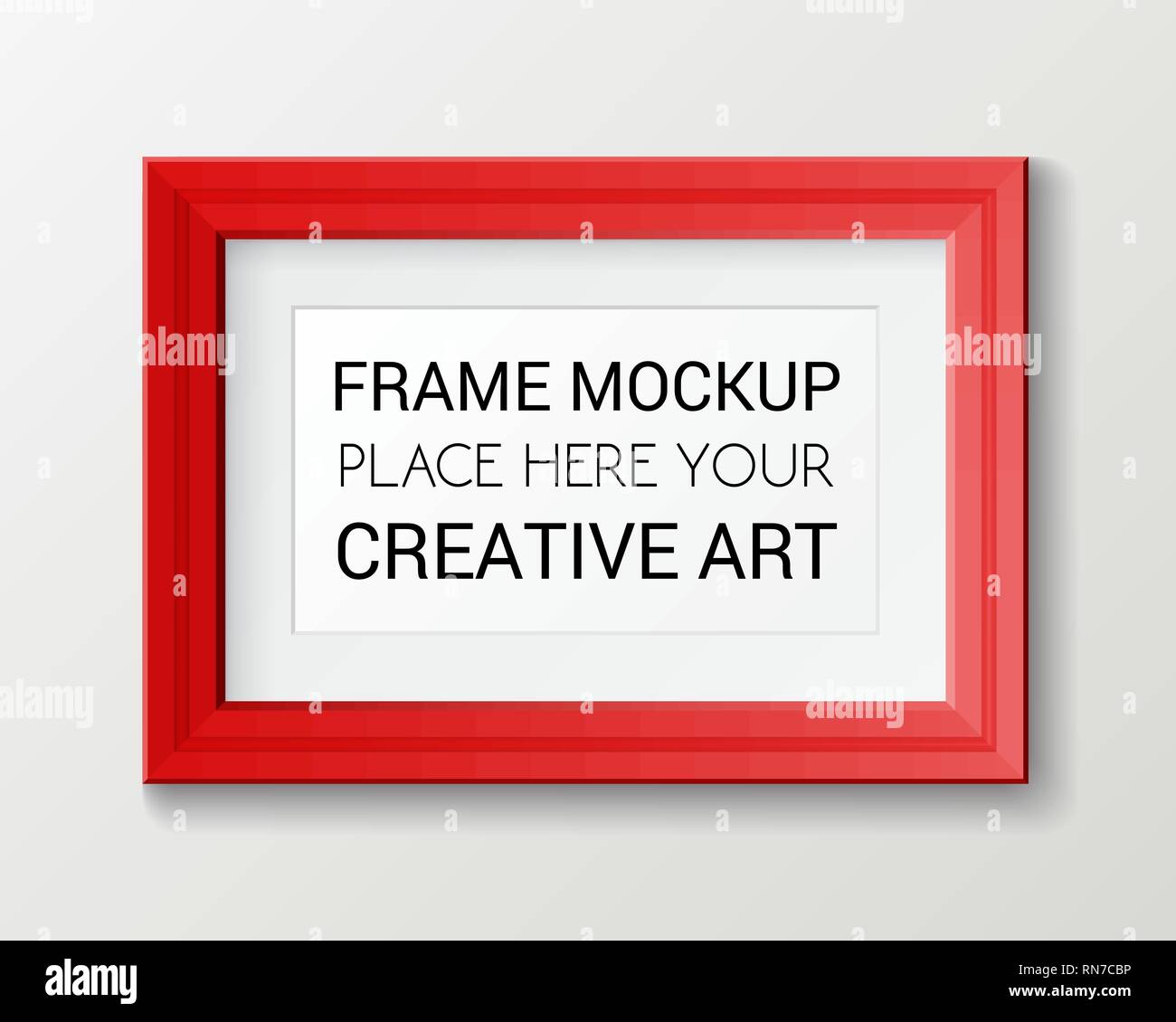 Realistic rectangular red frame template, frame on the wall mockup with decorative borders Stock Vector