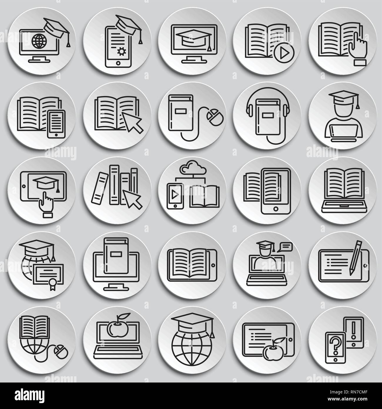 E-Learning line icons set on plates background for graphic and web ...