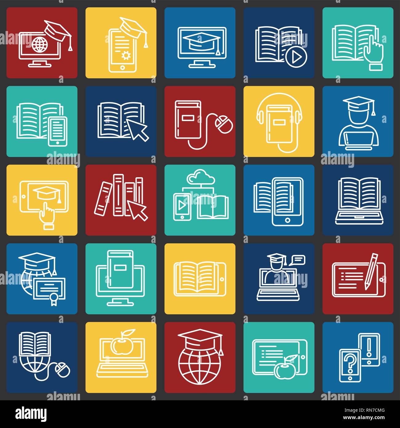 E-Learning line icons set on color squares background for graphic and ...