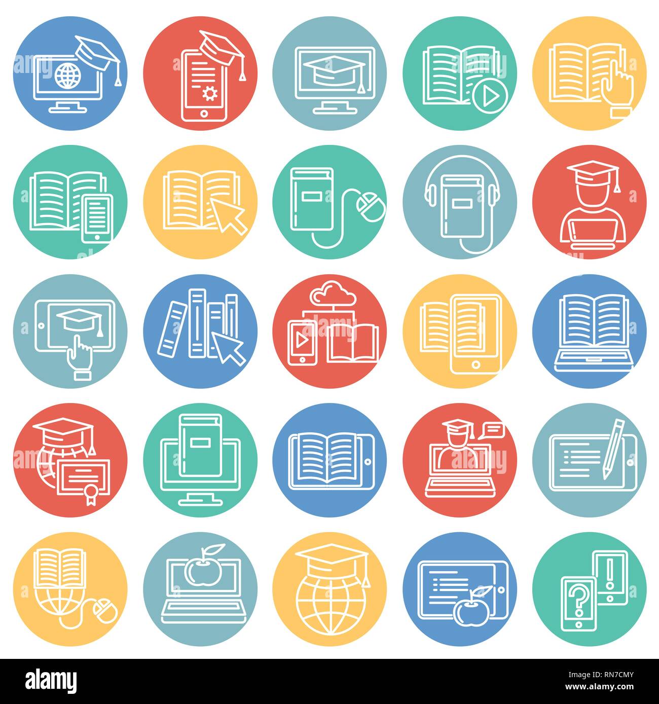 E-Learning line icons set on color circles white background for graphic ...
