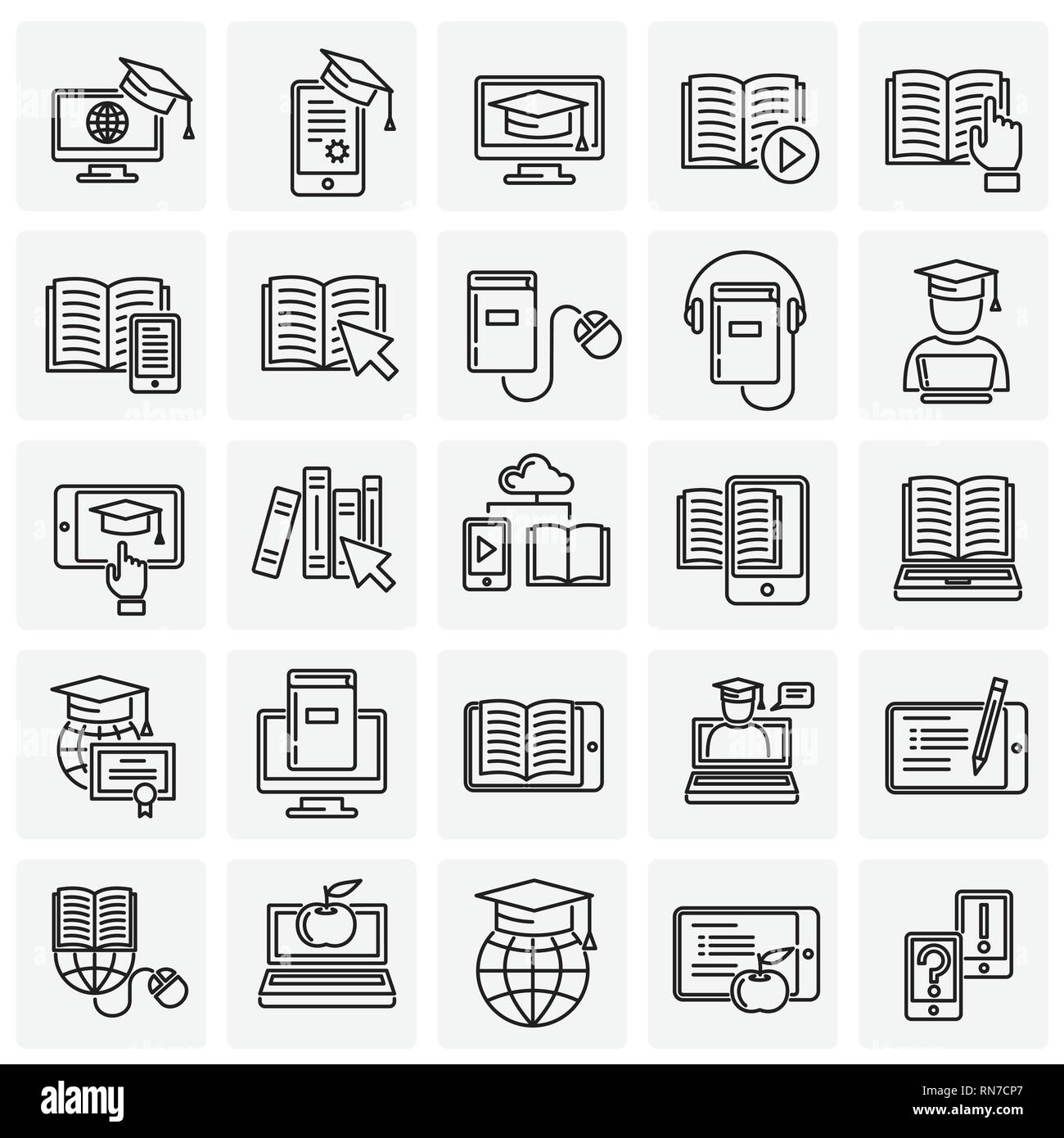 E-Learning line icons set on squares background for graphic and web ...