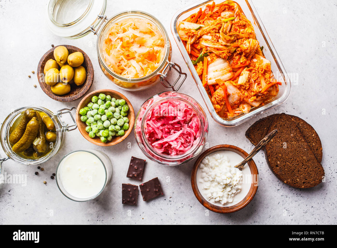 Probiotics food background. Kimchi, beet sauerkraut, sauerkraut