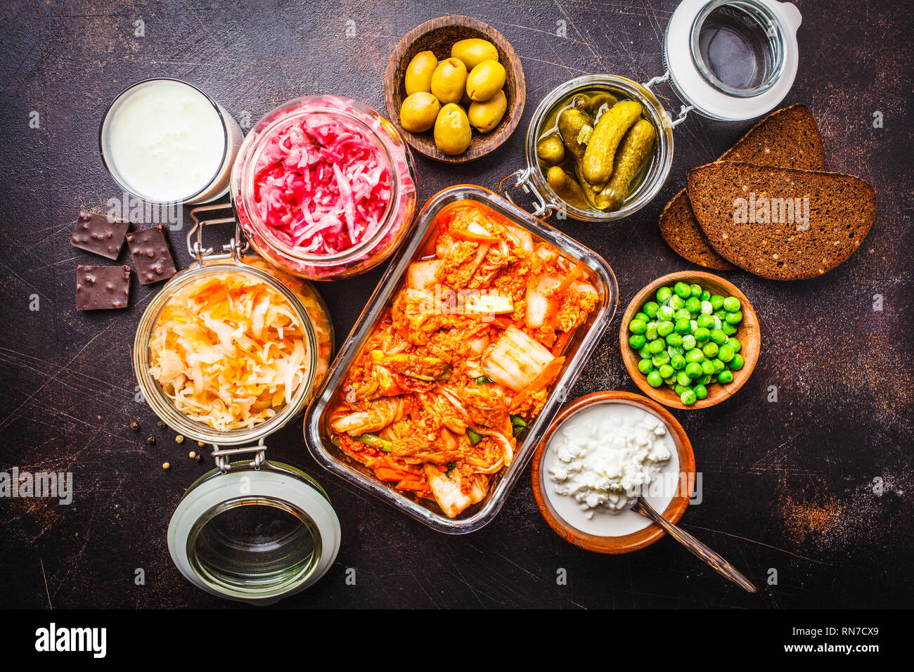 Probiotics food background. Kimchi, beet sauerkraut, sauerkraut