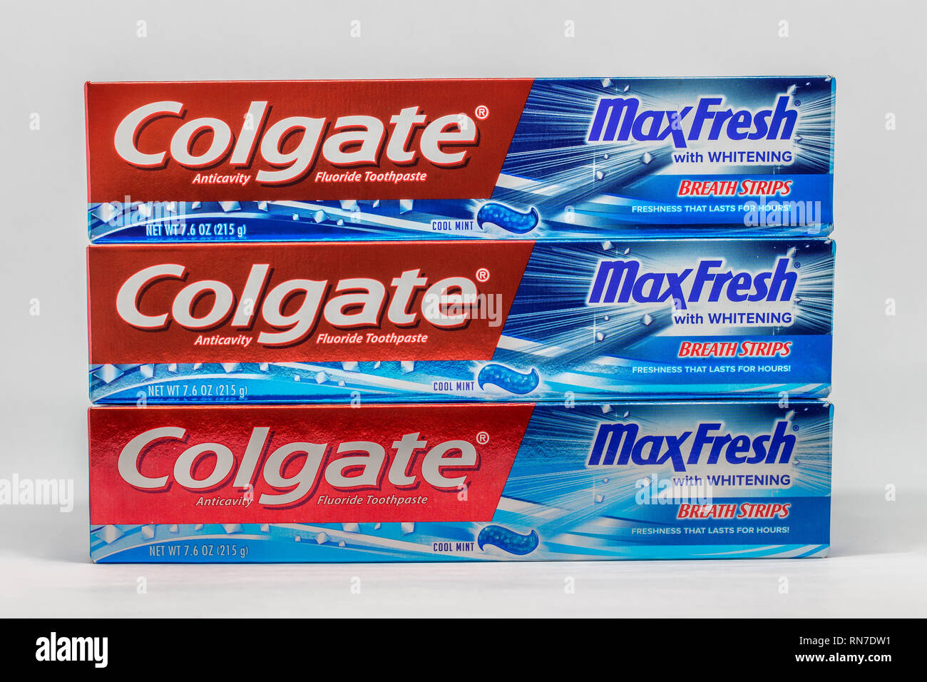 ST. PAUL, MN/USA - FEBRUARY 15, 2019: Grouping of three Colgate toothpaste boxes. Colgate-Palmolive Company is an American worldwide consumer products Stock Photo