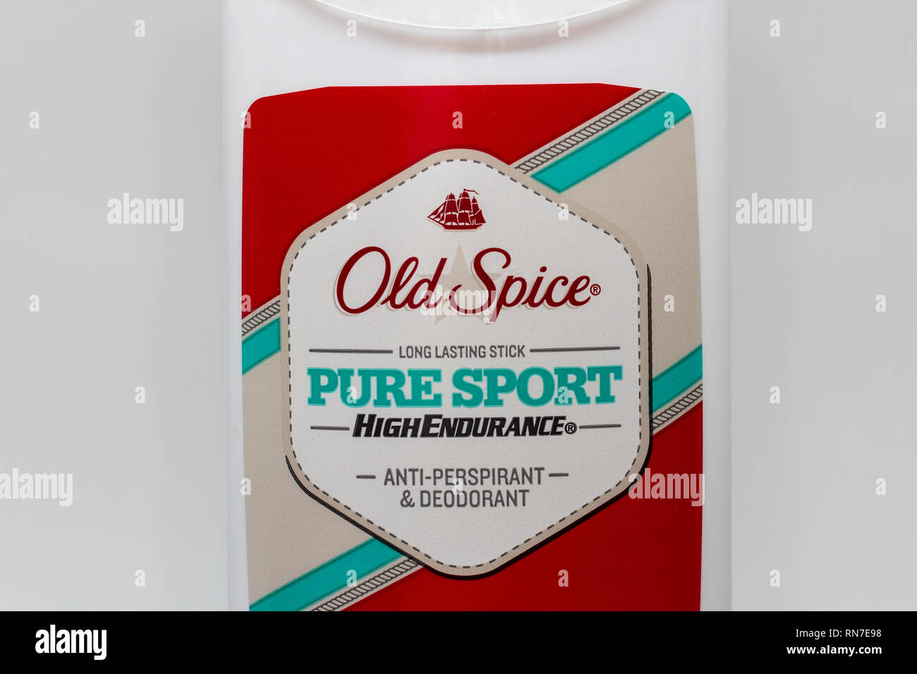 ST. PAUL, MN/USA - FEBRUARY 17, 2019:  Old Spice deodorant and trademark logo. Old Spice is a brand of male grooming products manufactured by Procter  Stock Photo
