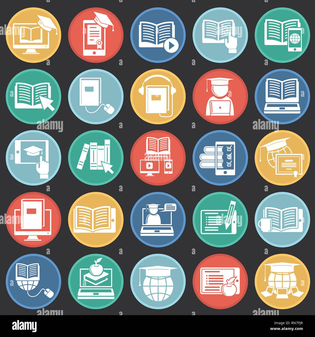 E-Learning icons set on color circles black background for graphic and ...