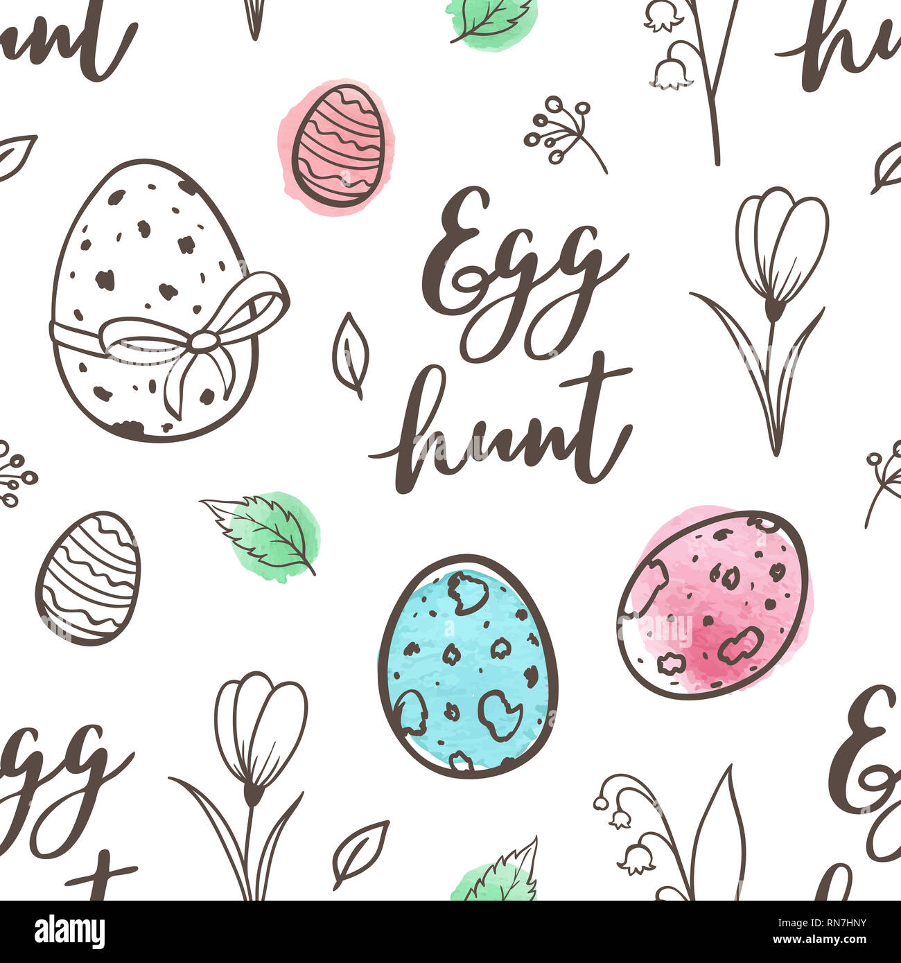 Hand drawn doodle Easter seamless pattern with eggs and flowers on a ...