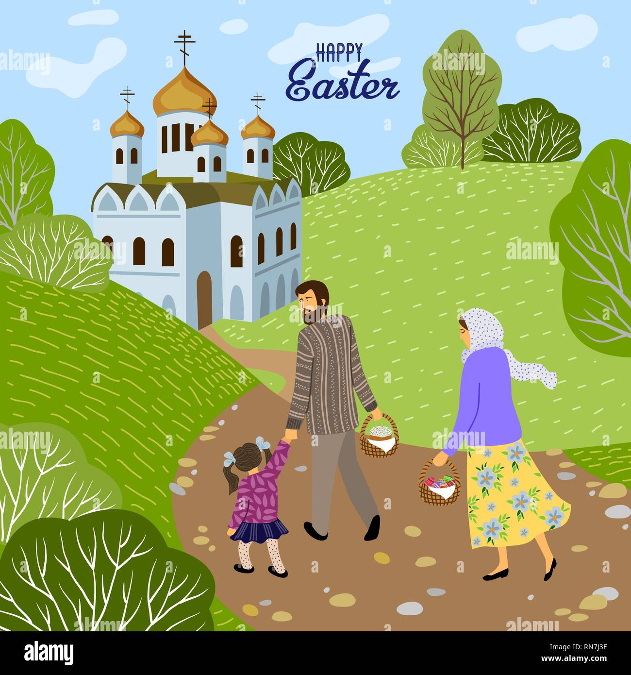 Happy Easter. Family with a child going to an Orthodox church to consecrate eggs and cakes. Vector Stock Vector