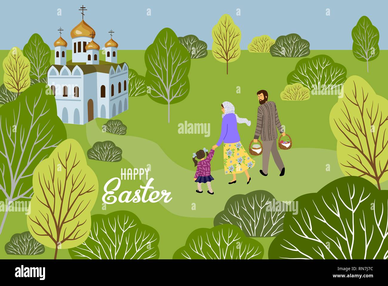 Happy Easter. Family with a child going to an Orthodox church to consecrate eggs and cakes. Horizontal Vector Stock Vector