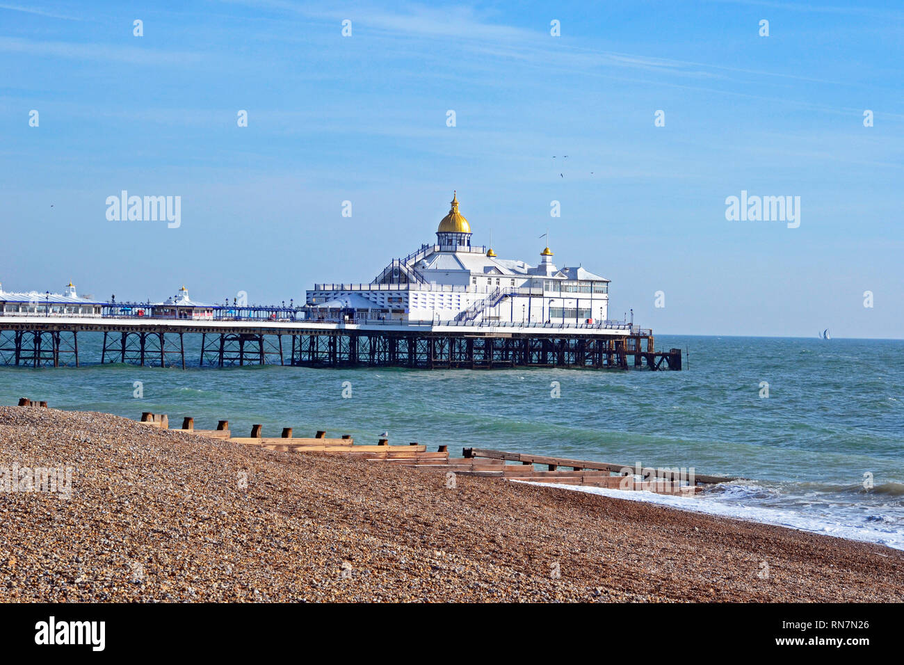 View of Eastbourne Pier, Beach and Seafront from the Promenade, England, UK Stock Photo