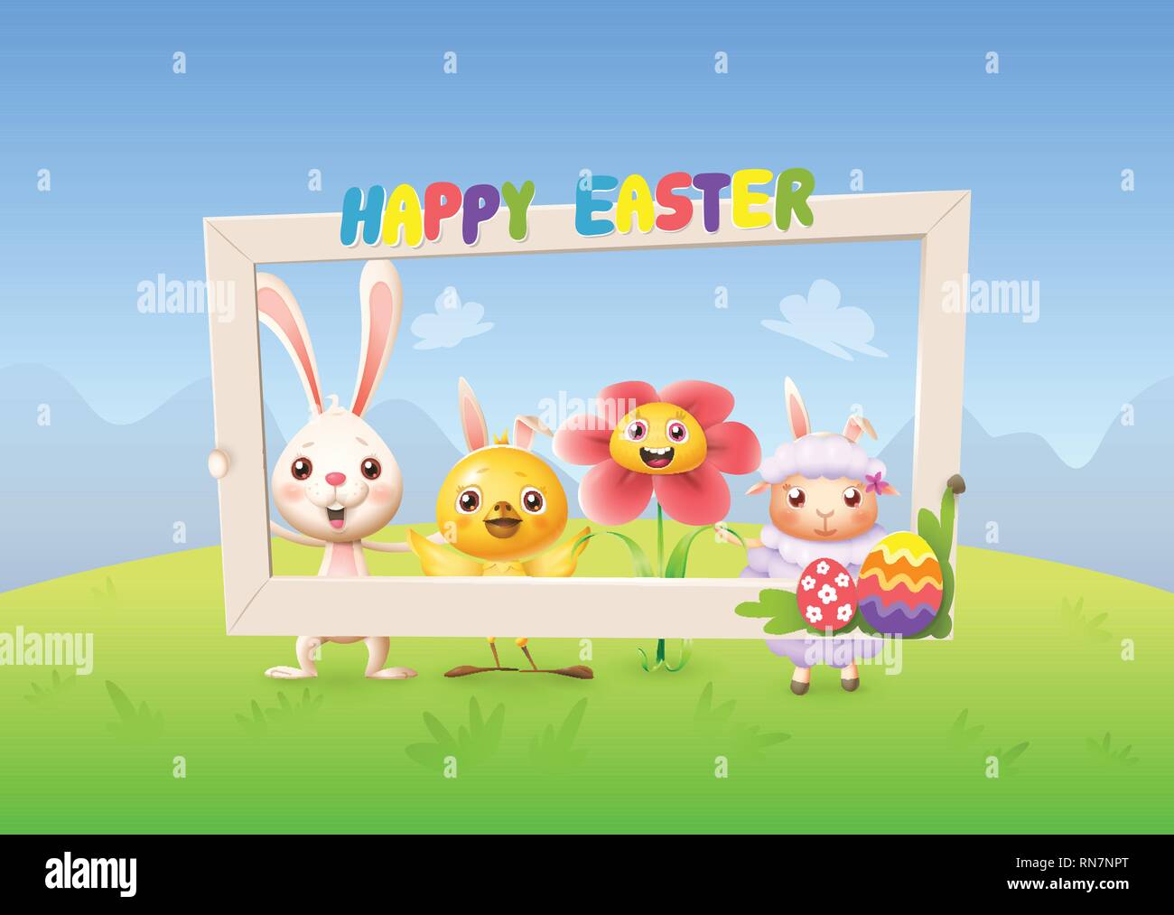 Happy cute bunny chicken flower and lamb celebrate Easter with social network photo frame - spring landscape background Stock Vector