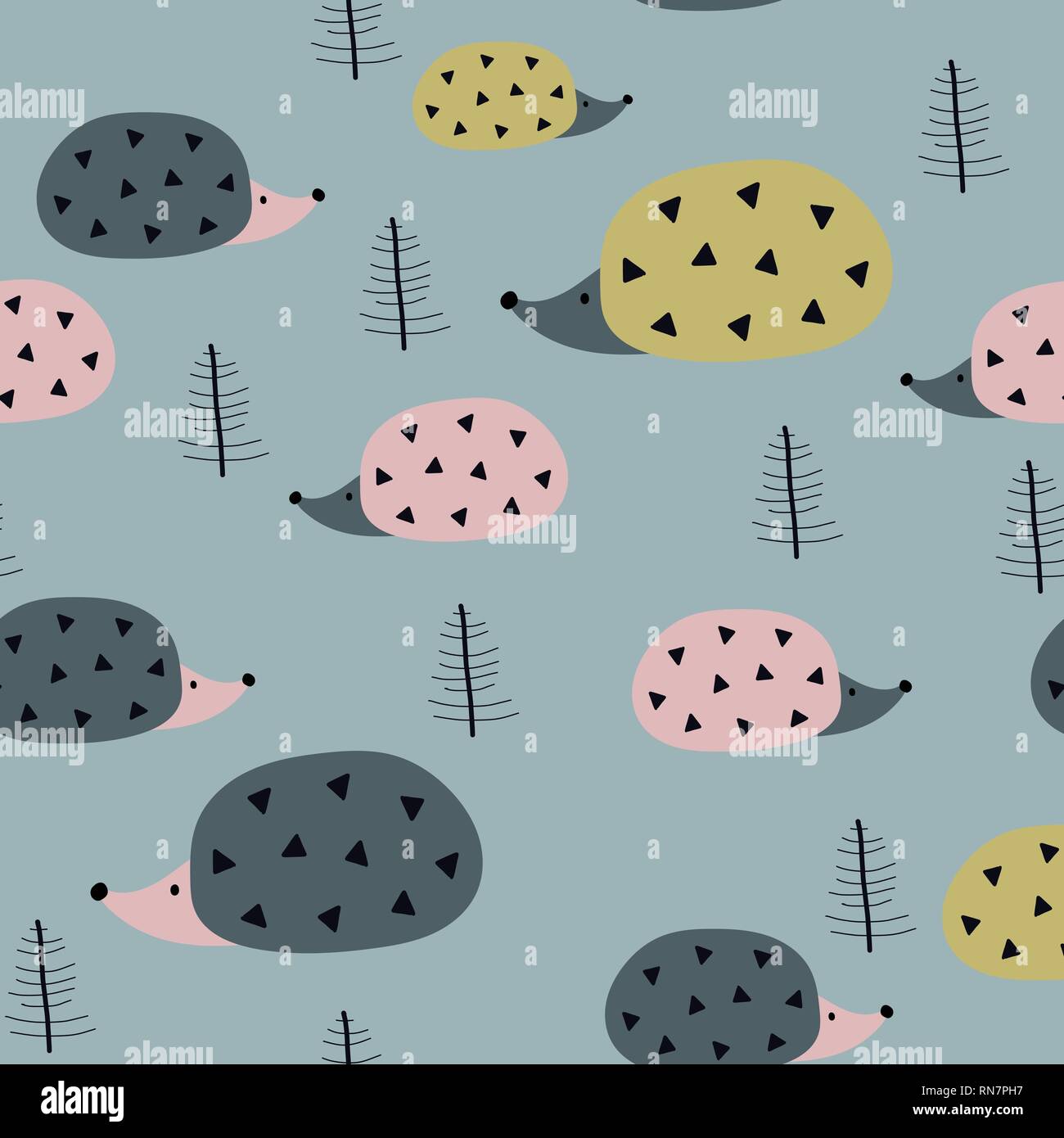 Seamless pattern with hedgehogs. Creative scandinavian background. Vector Illustration Stock Vector