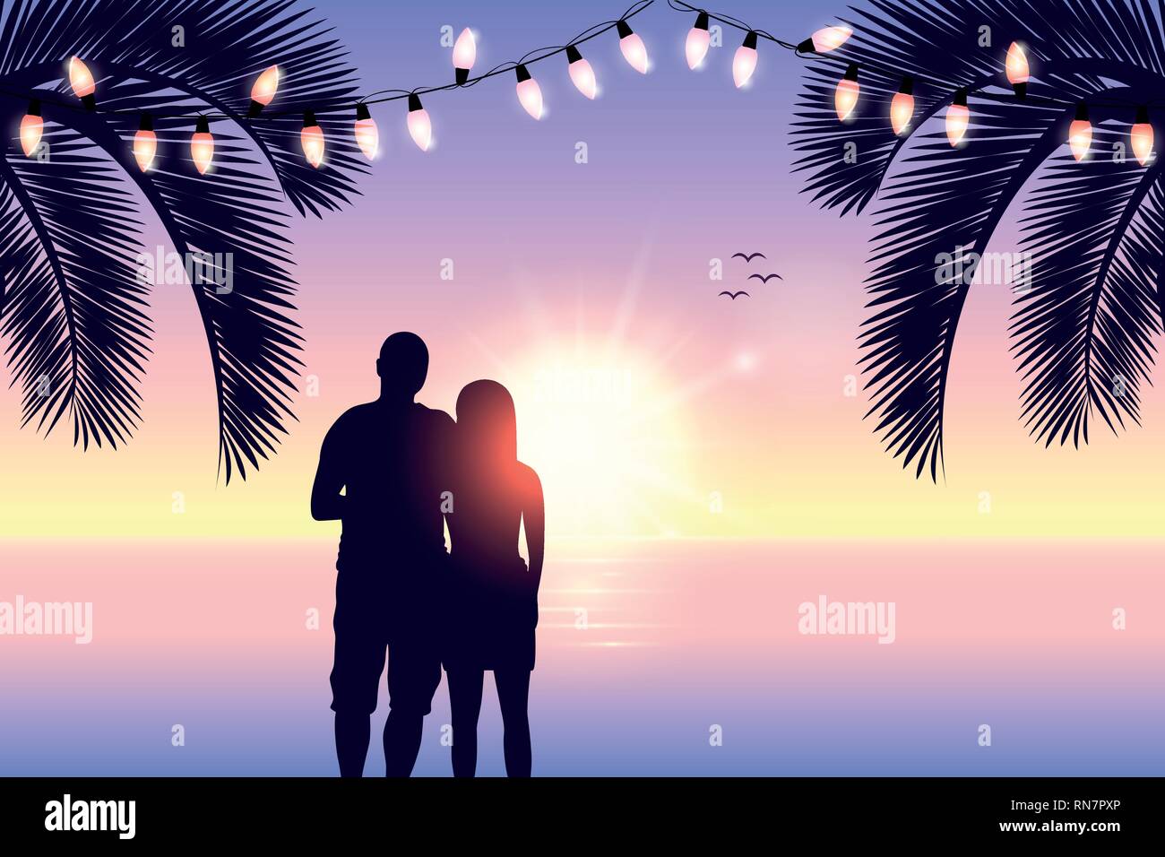 couple in love silhouette romantic day on paradise beach vector illustration EPS10 Stock Vector