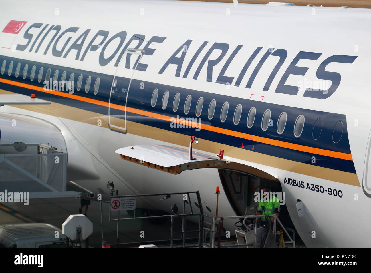 Singapore Airlines Airbus A350-900 9V-SHB at the gate at Adelaide airport, South Australia Stock Photo