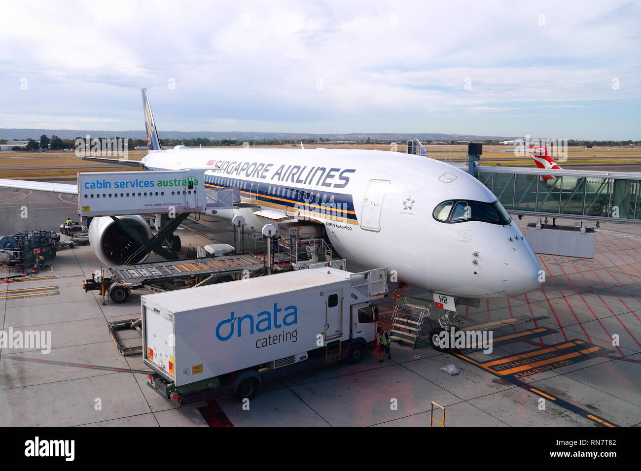 Singapore Airlines Airbus A350-900 9V-SHB at the gate at Adelaide airport, South Australia Stock Photo