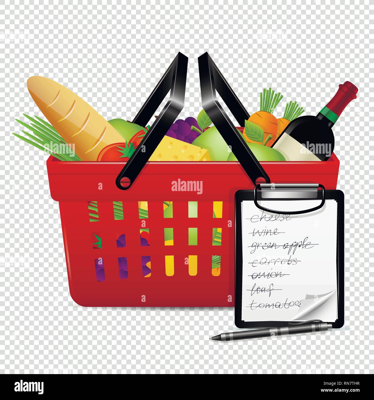 Shopping basket with foods and shopping list isolated on transparent
