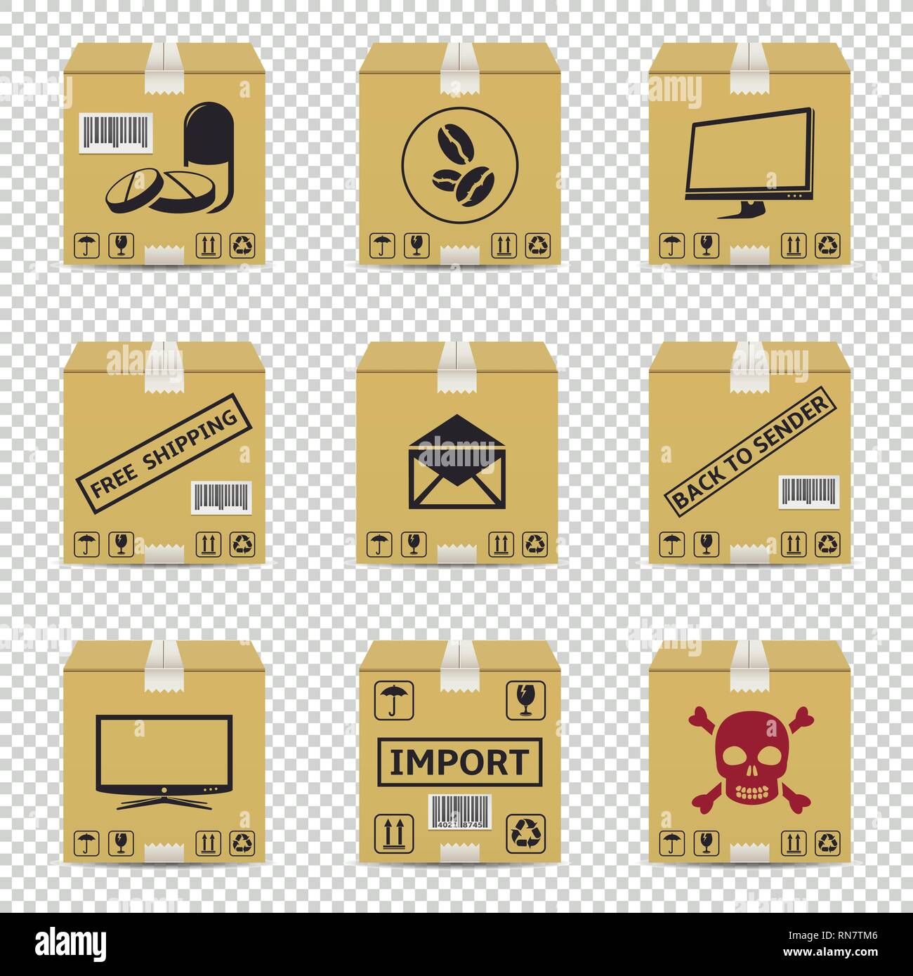 Shipping cardboard boxes isolated on transparent background Stock Vector