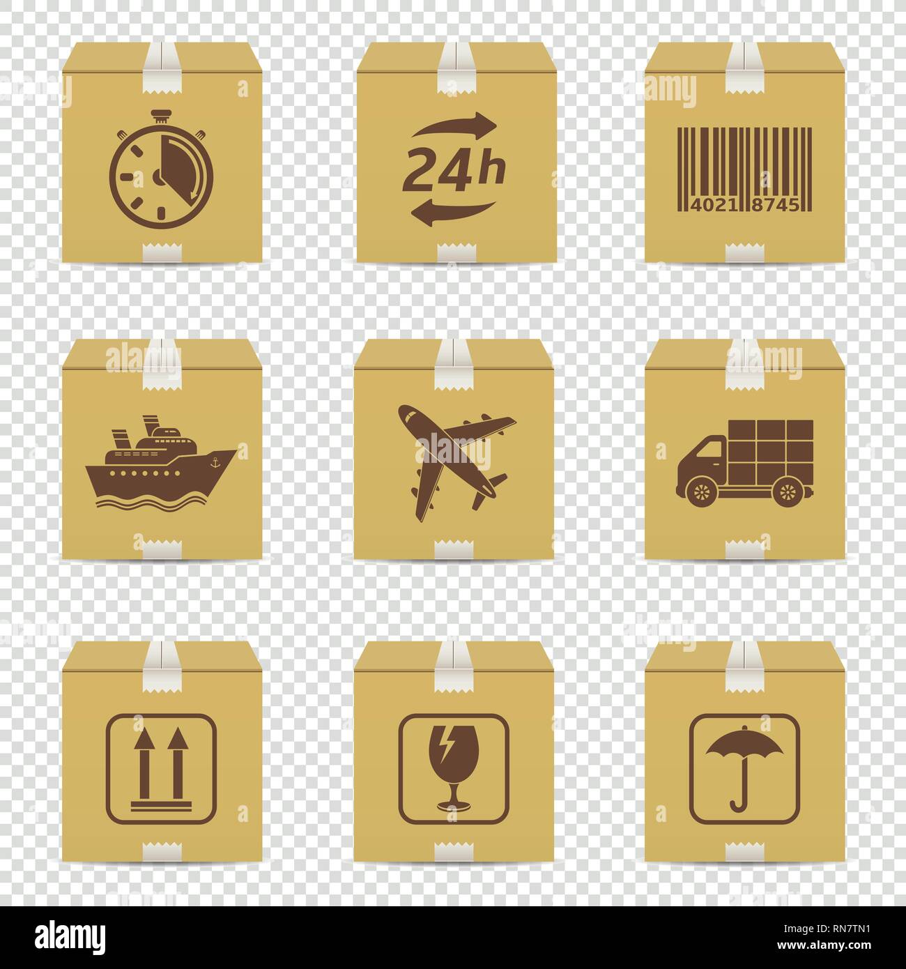 Cardboard box icons with logistic signs isolated on transparent background Stock Vector