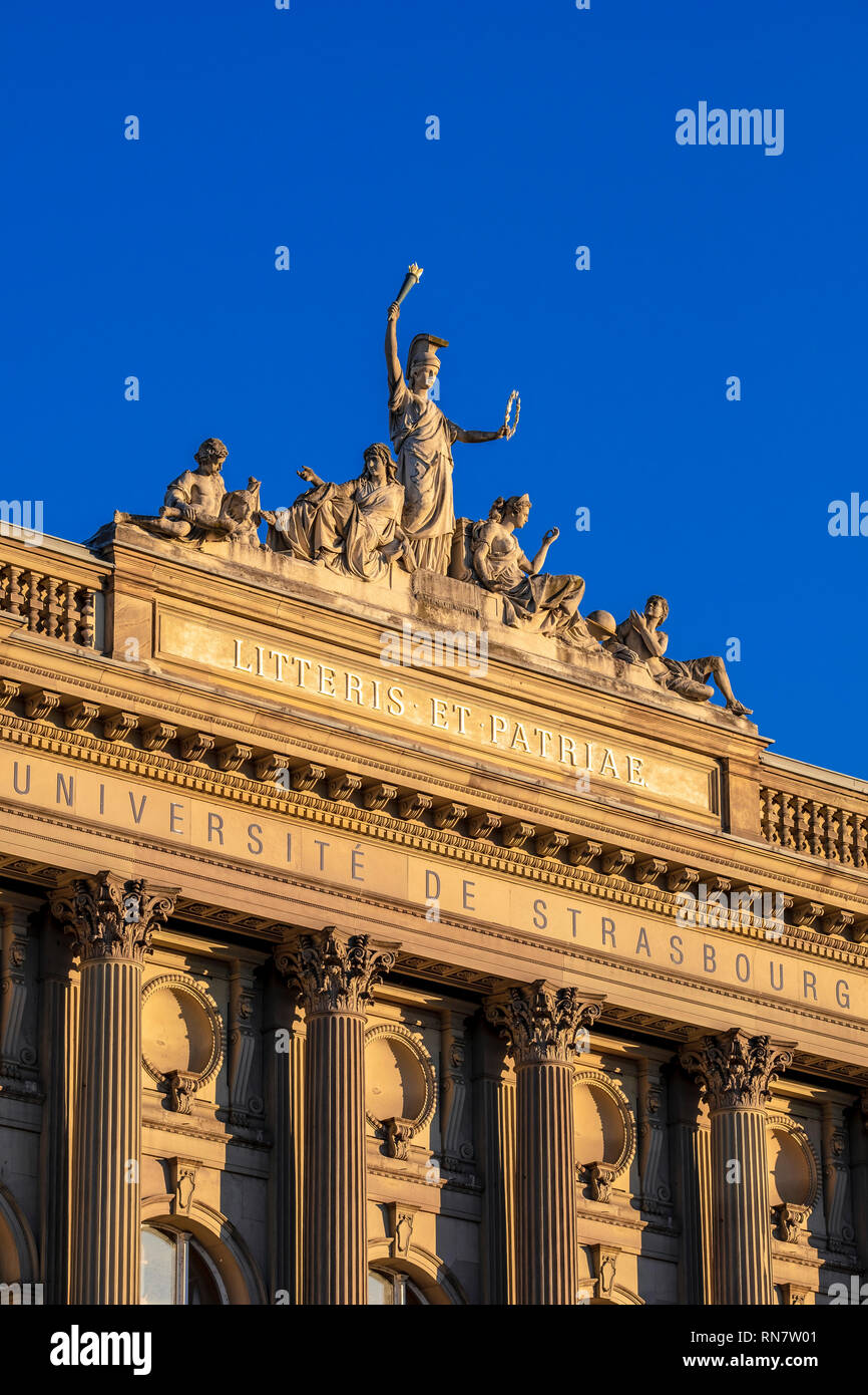 Strasbourg, Alsace, France, Palais Universitaire, University building, pediment, Athena allegorical group of statues, late afternoon light, Stock Photo