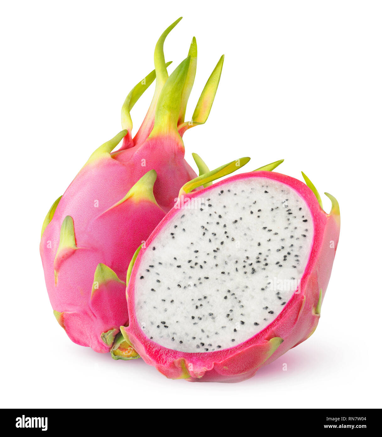 Isolated dragonfruit. Cut white fleshed pitaya fruit isolated on white background with clipping path Stock Photo