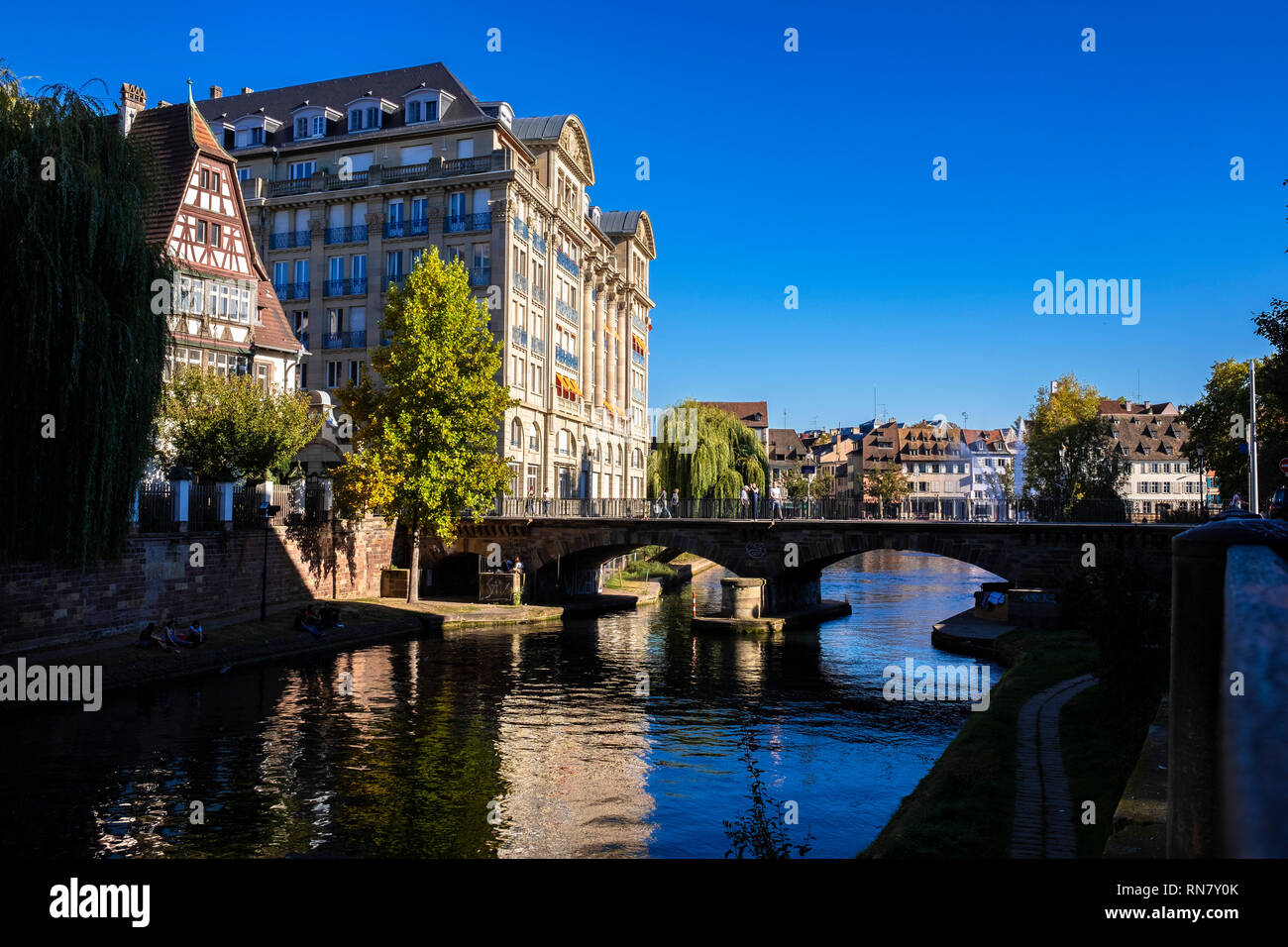 Strasbourg, Alsace, France, Europe, Fossé du Faux Rempart canal, residential buildings, Pont St Etienne bridge, Stock Photo
