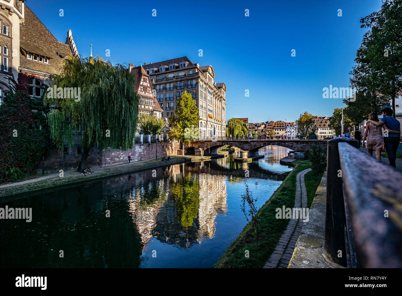 Strasbourg, Alsace, France, Fossé du Faux Rempart canal, residential buildings, Pont St Etienne bridge, Stock Photo