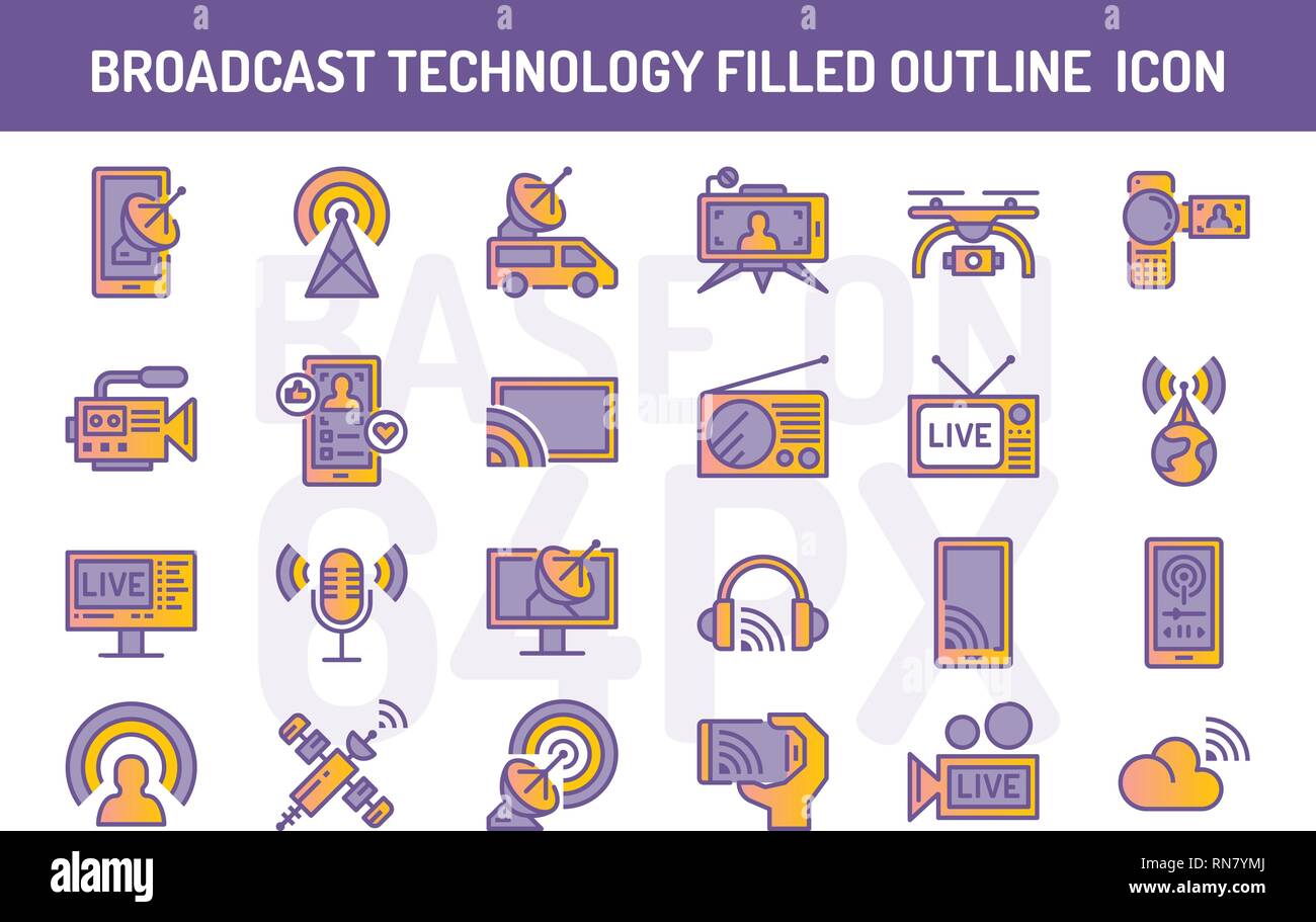 Broadcast technology filled outline icons set. Pixel perfect icon base ...