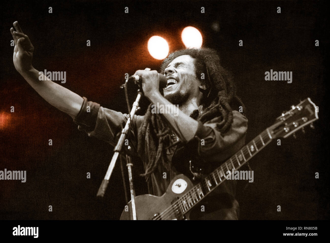 Bob Marley on stage in Drammenshallen, Norway, 1980 Stock Photo