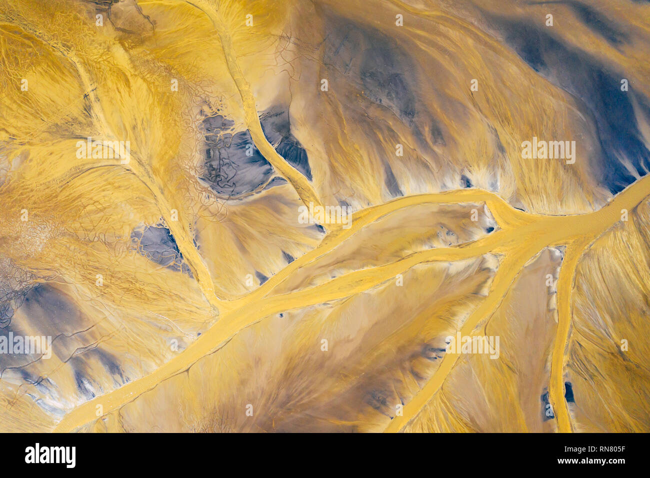 Aerial view of surrealistic industrial place. Human impact on the environment. View from above. Photo captured with drone. - Stock Image