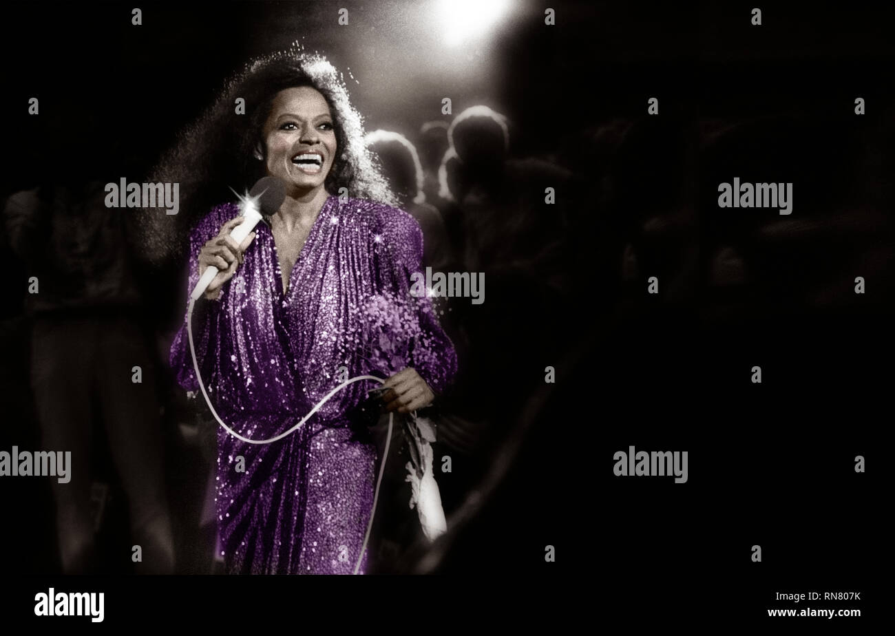 Diana Ross in concert at Drammenshallen, Norway, 1982. Walking off stage among the audience. Stock Photo