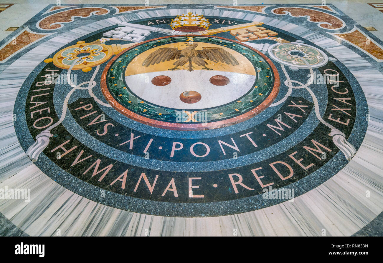 Pope Pius XI coat of arms in the floor of Saint Peter Basilica in Rome, Italy. Stock Photo