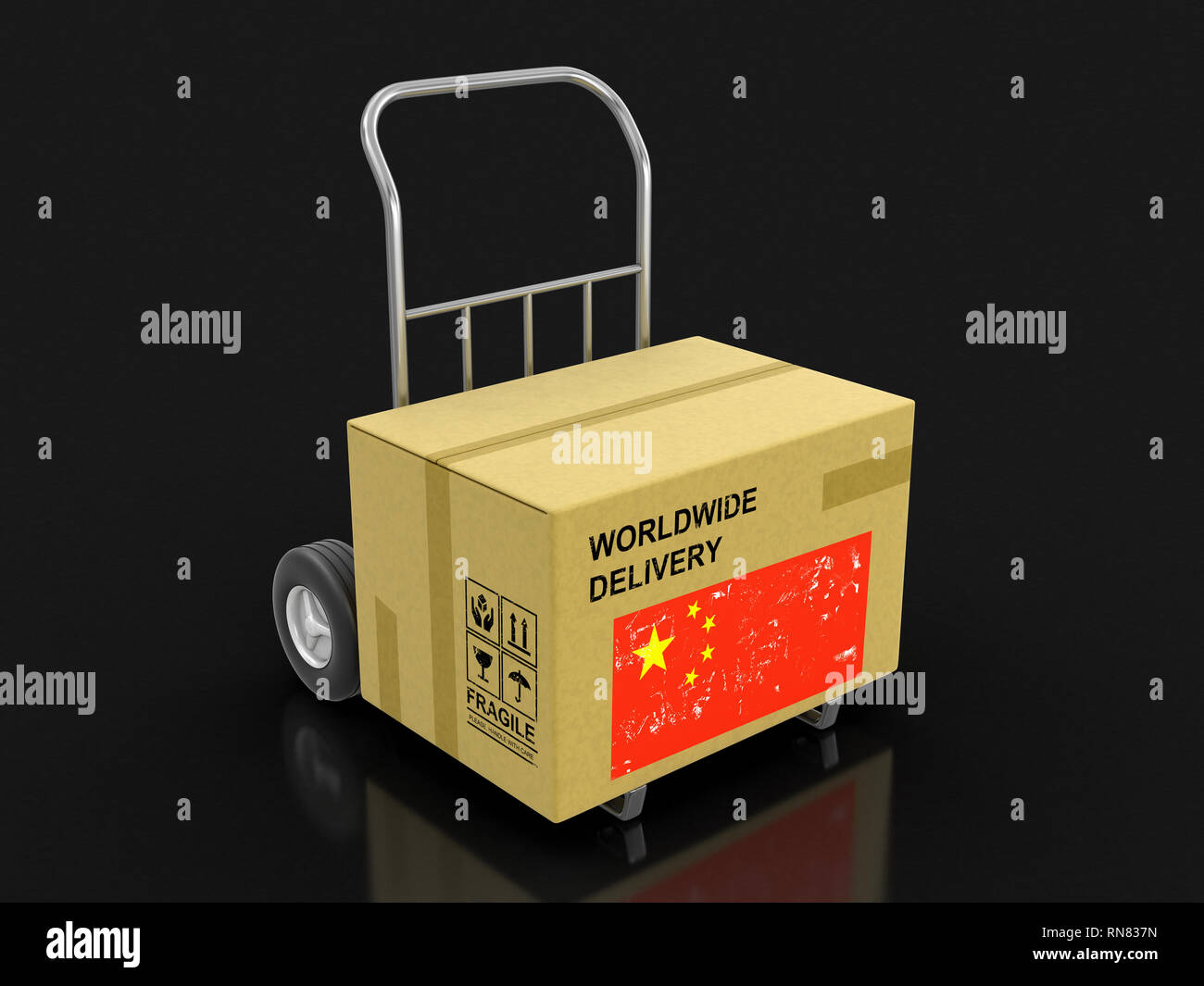 Cardboard Box on Hand Truck with flag. Image with clipping path Stock ...