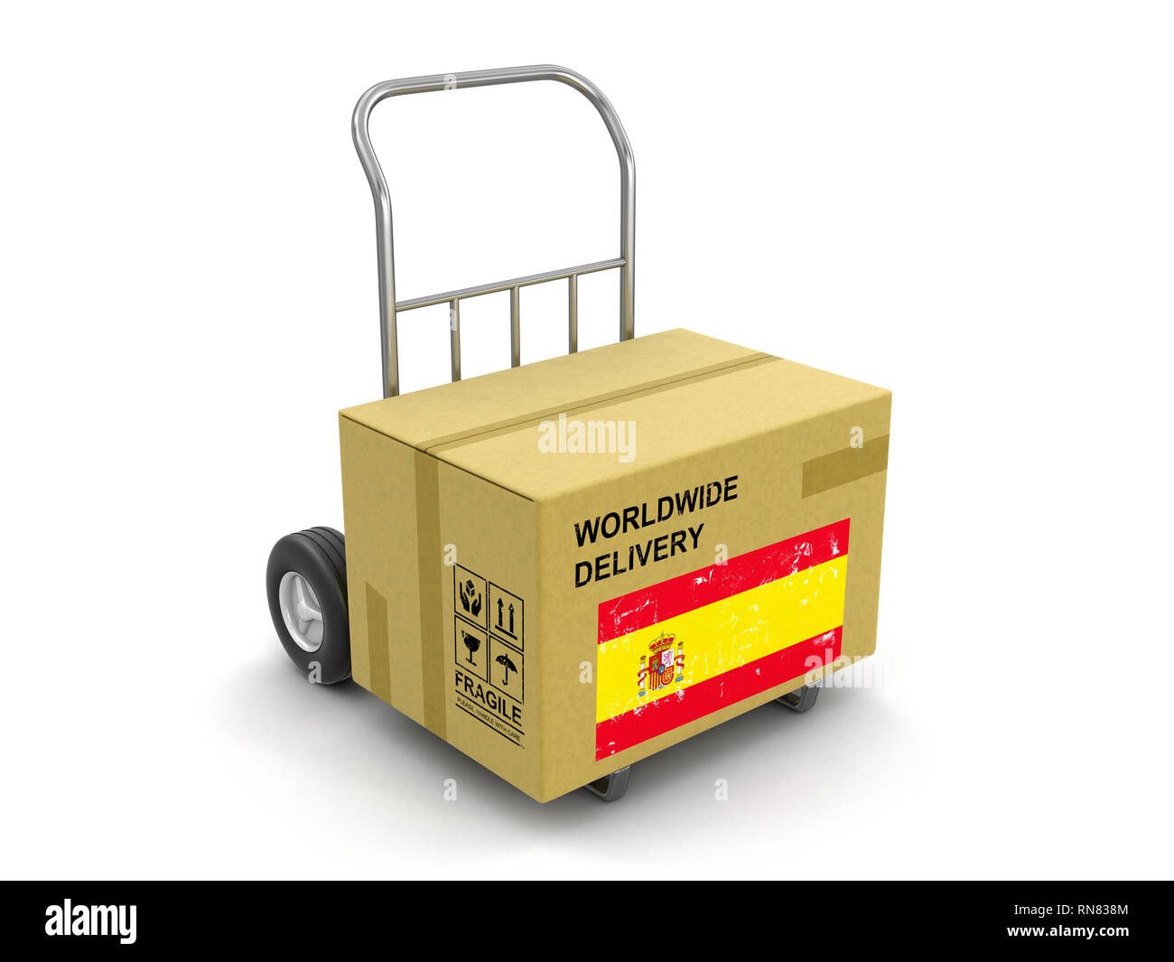 Cardboard Box on Hand Truck with flag. Image with clipping path Stock ...