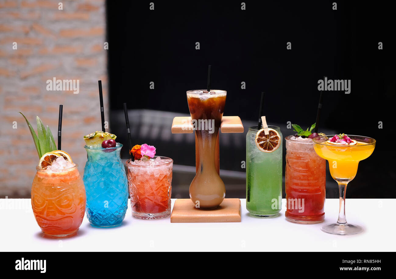 Group of refreshing mixed fruit cocktails with striking colors Stock