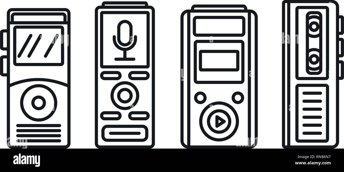 Modern dictaphone icons set. Outline set of modern dictaphone vector icons for web design isolated on white background Stock Vector