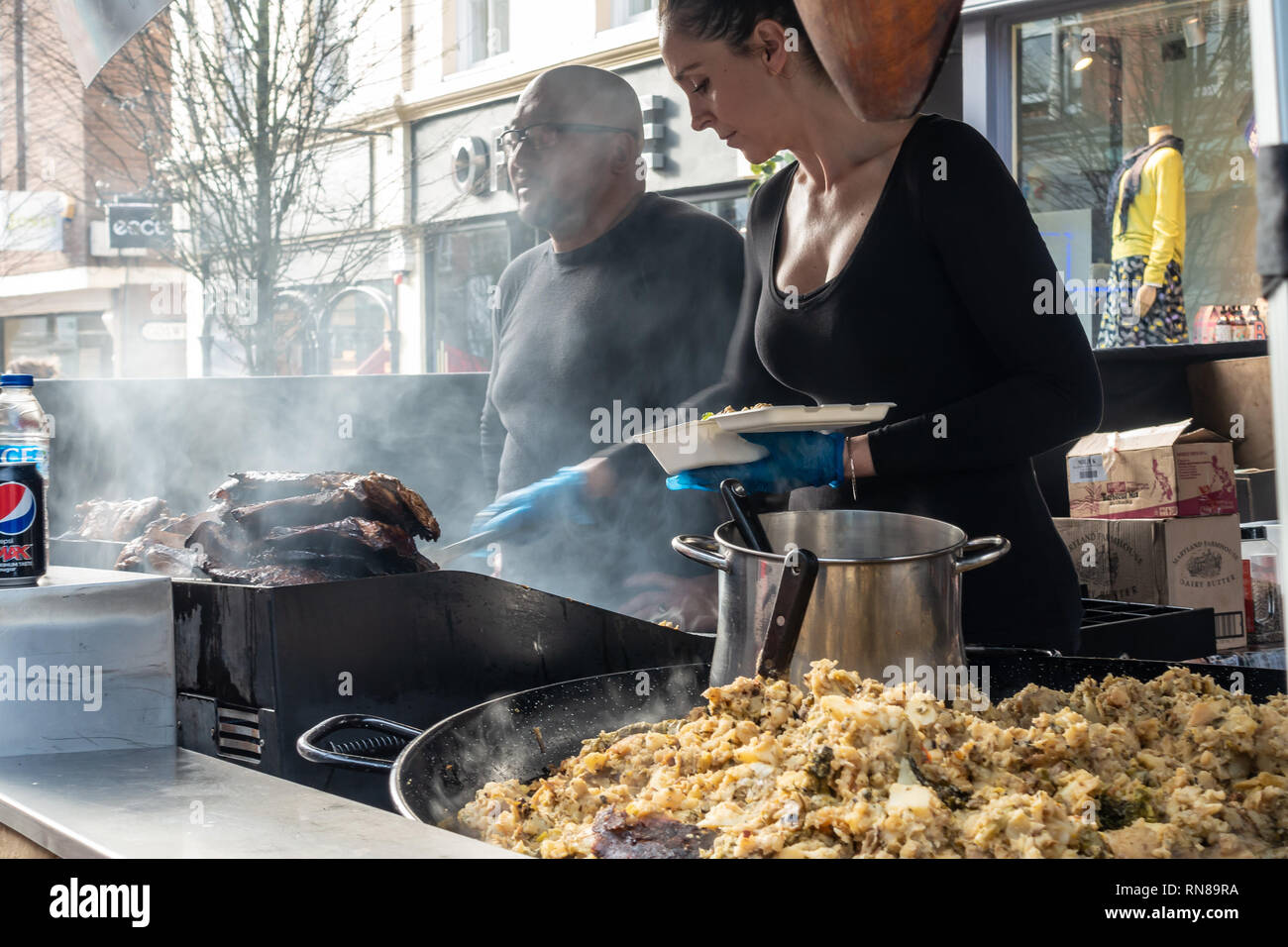 A street market stall selling food in Peacod Street, windsor, UK. Food