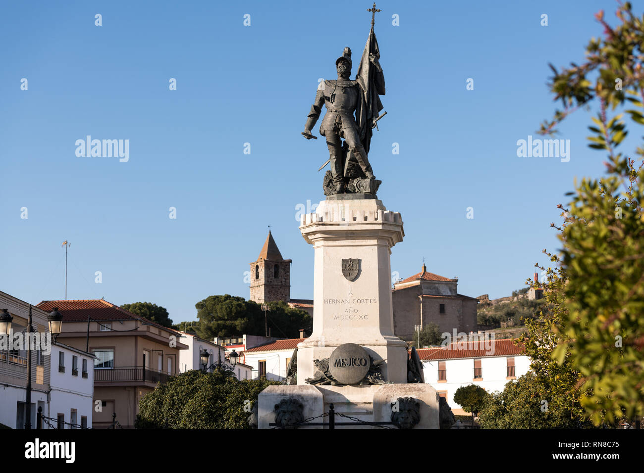 Statue of Spanish conquistador Hernan Cortes in the plaza of the same